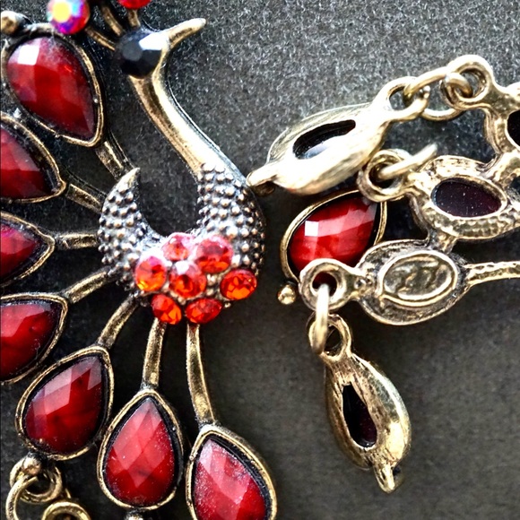 Red Rhinestone & Brass Peacock Earrings - Picture 6 of 7